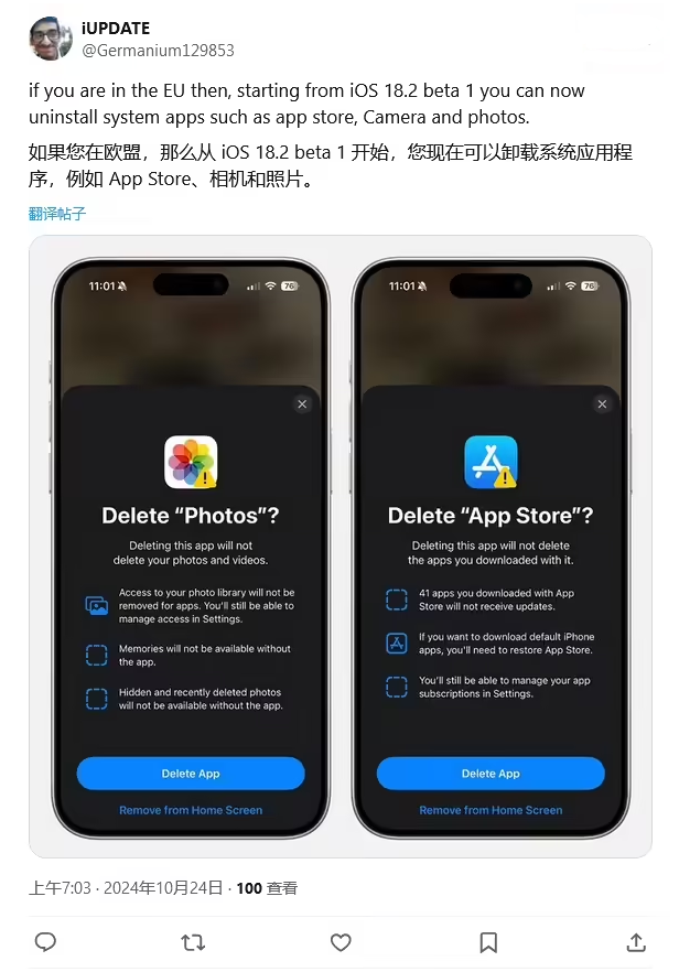 丹东苹果手机维修分享iOS 18.2 支持删除 App Store 应用商店 